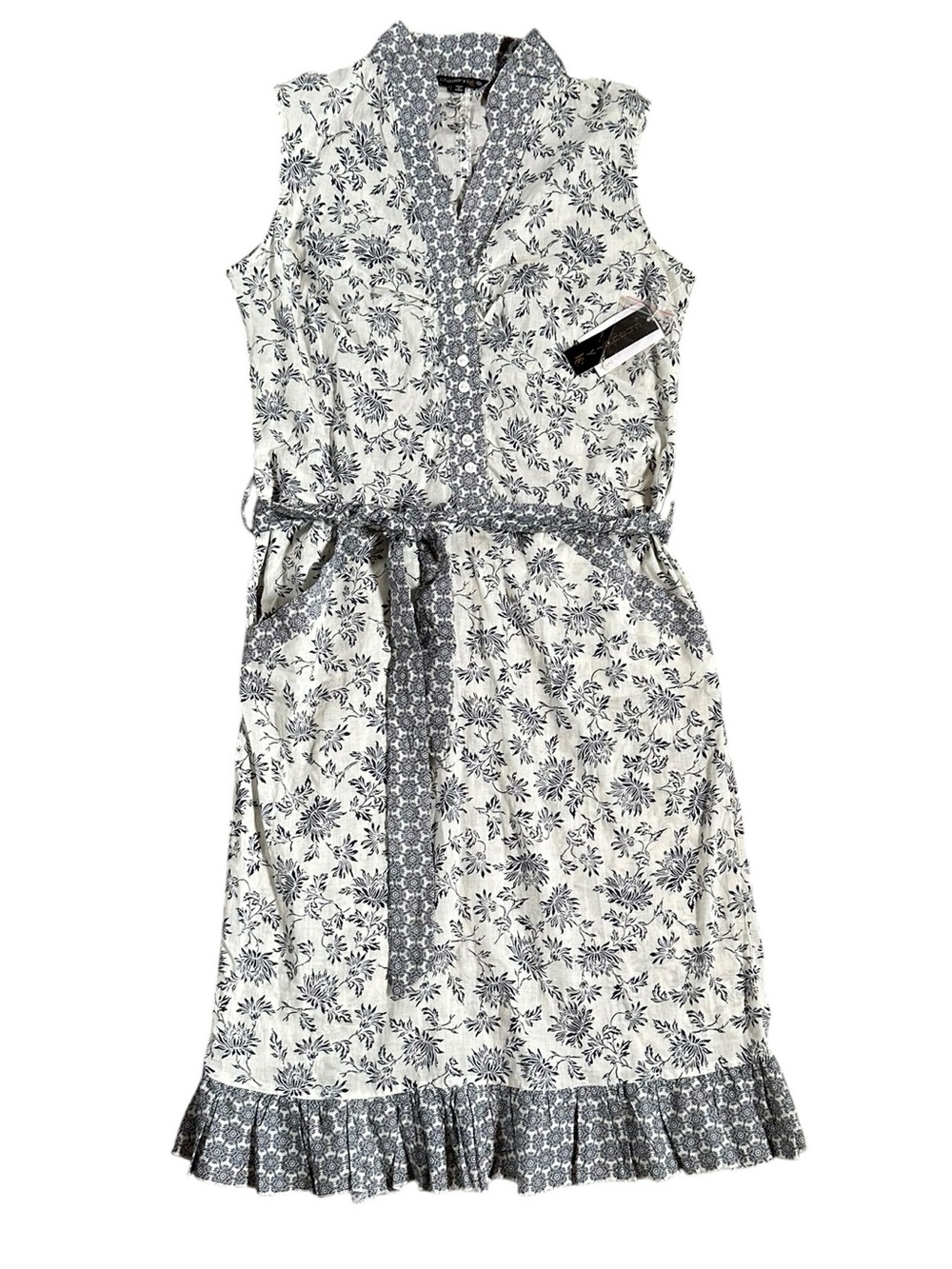 CHAUDRY KC black & cream 100% cotton floral sleeveless belted dress sz M - NWT!